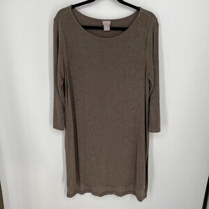 Chicos Travelers Slinky Tunic Top Size M Brown Stretch Layering Long Sleeve Slit